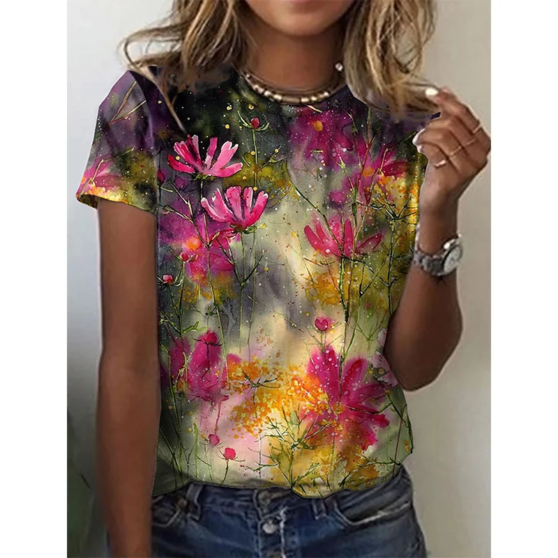Summer Flower Floral 3D Print T-shirts Women Streetwear Casual O-Neck T Shirt Y2k Harajuku Oversized Y2K Top Tees Woman Clothing