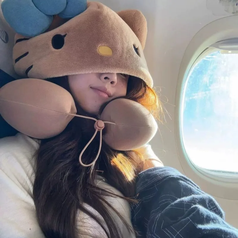 Poduszka podróżna Hello Kitty z kapturem w kształcie litery U, do podróży, na długie trasy lotnicze, ochraniacz na szyję do samochodu, niezbędna poduszka do spania z kapeluszem do użytku domowego
