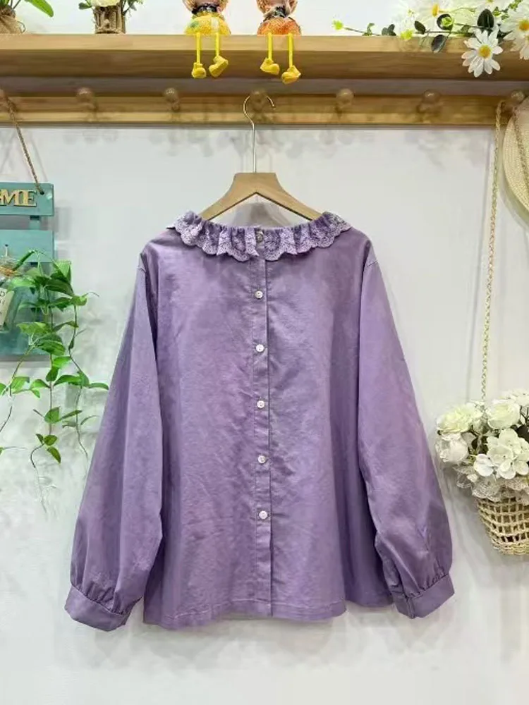 قميص جديد بأكمام طويلة من القطن والكتان لخريف 2025 ، بلوزة فضفاضة مُزينة بالدانتيل مكشكشة للنساء ، بلوزة فضفاضة أنيقة لتخفيض العمر من Mori Girl T58548CC