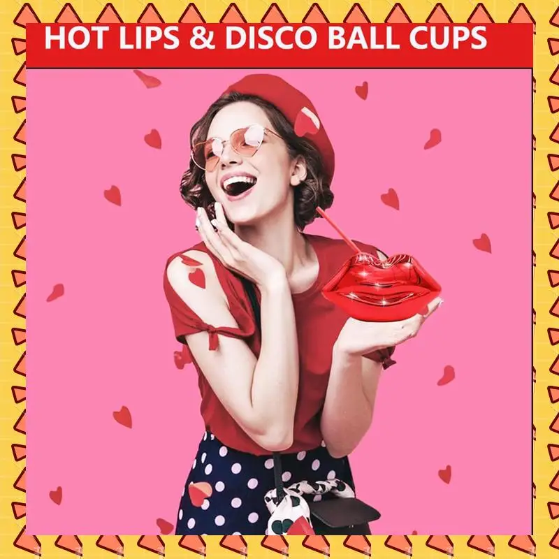 A008 2 PCS,Hot Red Lips Disco Ball Cups ,For Bachelorette Party, Single Girl Party Supplies,Removable And Reusable Durable