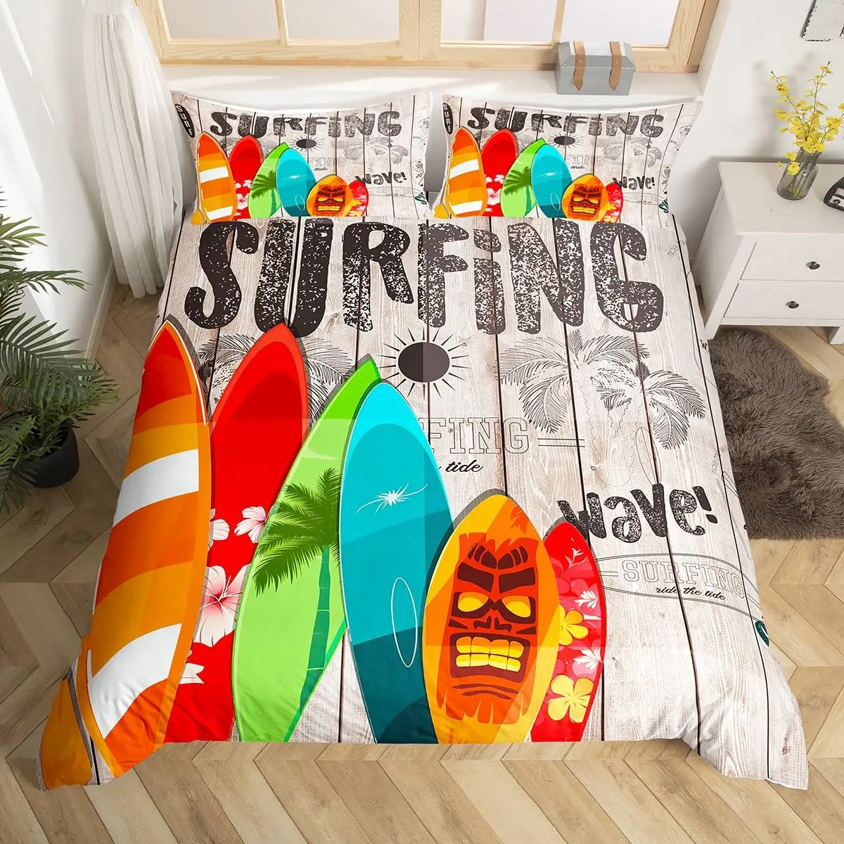 Surfboard Bedding Set King Size for Teens,Summer Surfing Sports Theme Comforter Cover Rustic Farmhouse Wooden Board Duvet Cover