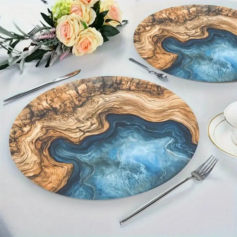 VIKAMA Wood Grain Blue Ocean Resin Art Marble Round Placemats Heat Resistant Washable Non Slip Luxury Dining Table Decor