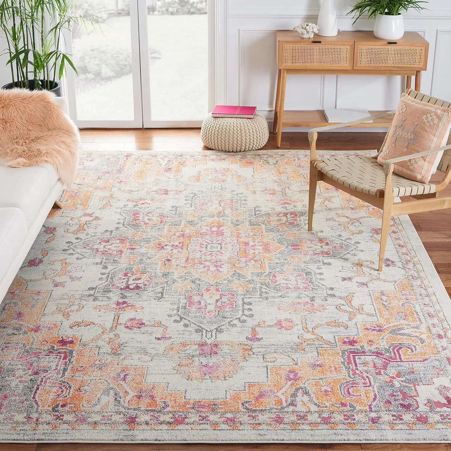 

Madison Collection Area Rug , Beige & Orange, Boho Chic Medallion Distressed Design, Non-Shedding & Easy Care, Ideal