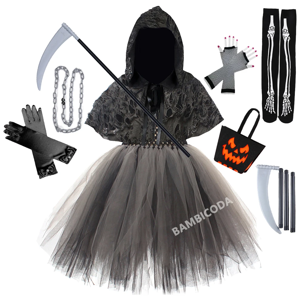 

Костюм призраков демона на Хэллоуин для девочек, вечерние, черный плащ, кепка, крик, демон смерти, мрачный жнец, одежда для косплея