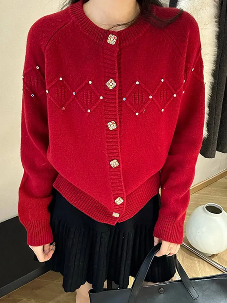 

Faionable Comfortable round Ne Knitted Sweater Coat with Rhinestone Design Long Sve Korean Sle Button up Cardigan