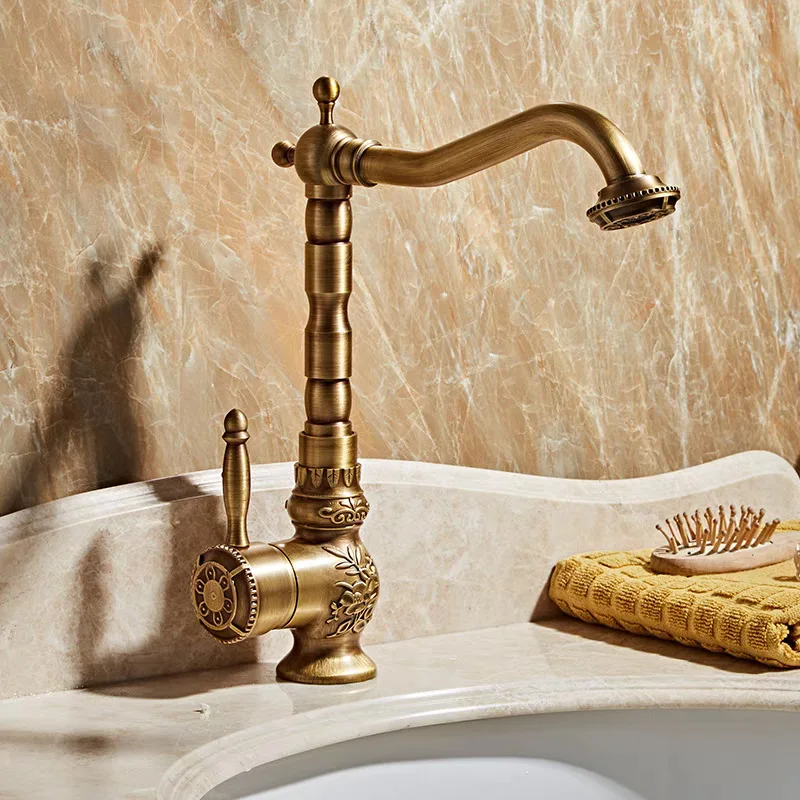 Antique Faucet Bathroom Hot and Cold Retro Style Washbasin Brass Taps Carving Swivel Singe Handle Sink Tap