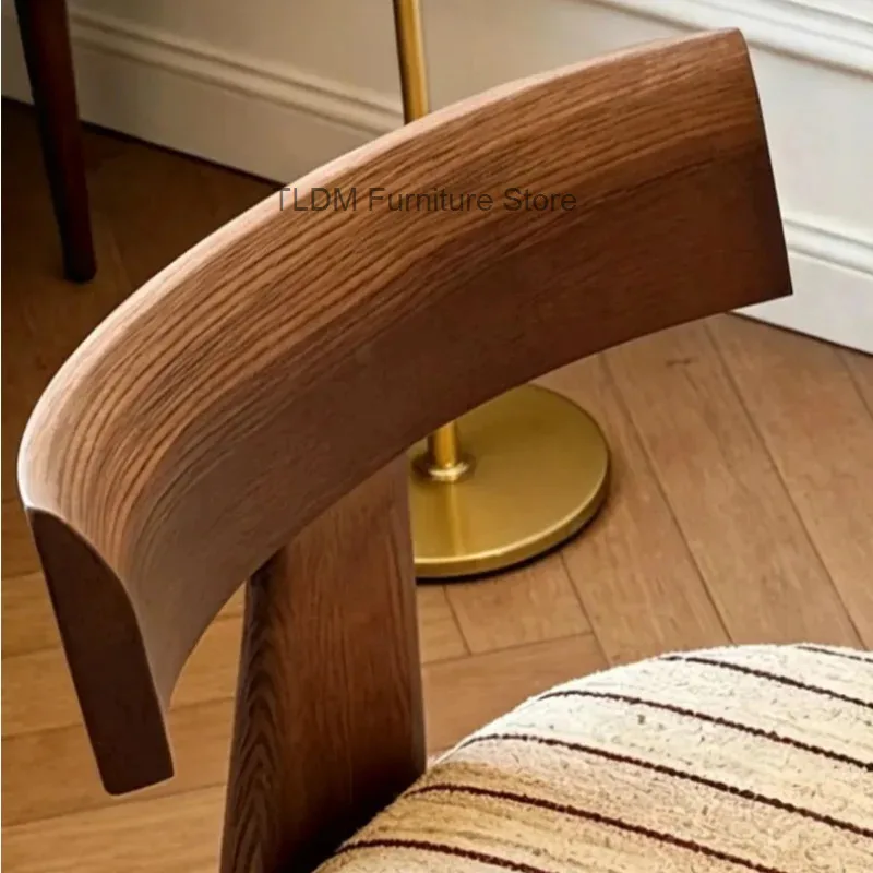 Antique Chairs T-shaped Back Vintage Striped Fabric Cushion Wooden Frame Dining Chairs French Mid‑Century Dining Room Furniture