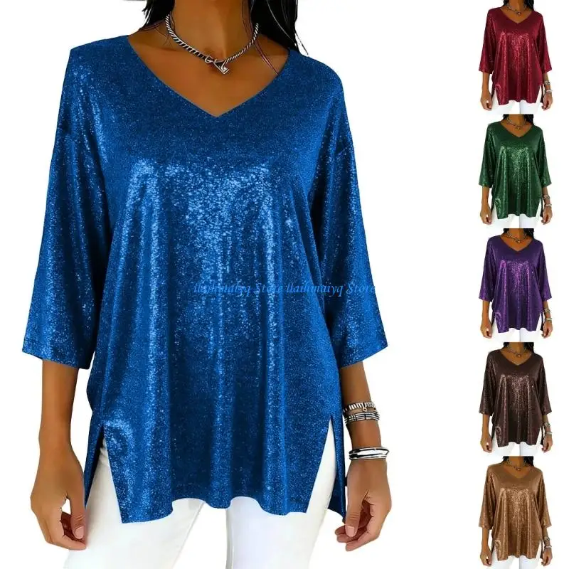 

573B Women's Sparkly Tops Elegant V Neck 3/4 Sleeve Bottom Slit Party Casual Blouses T Shirts