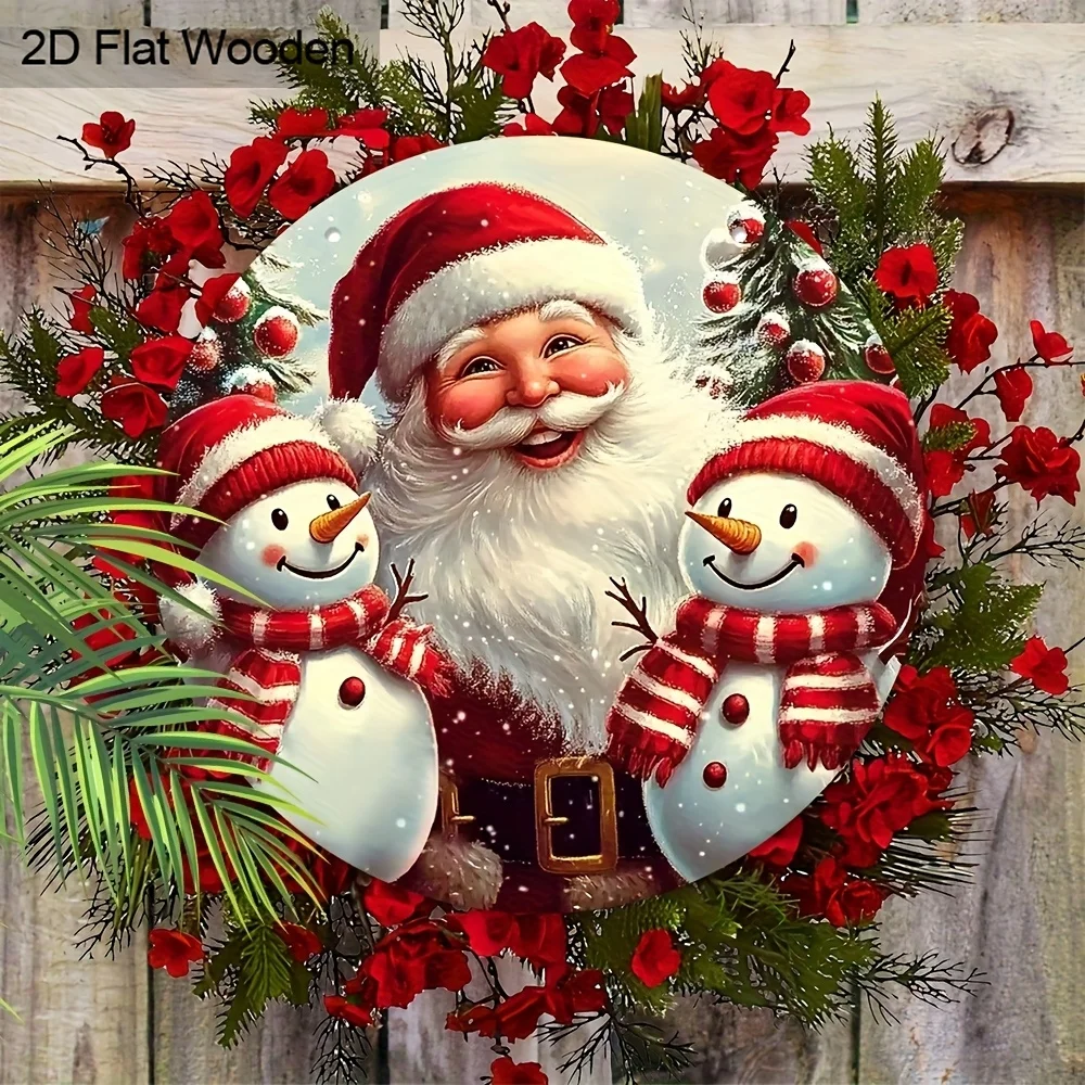 2D Flat 1pc Christmas Red Santa Claus Snowman Berry Snowflake Xmas Wood Porch Wreath Hanging Print Sign Painting Home Fence Deco
