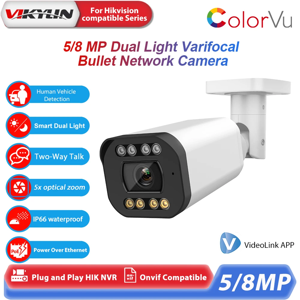 vikylin 5MP 5x Zoom Smart Dual-light IP Camera for hikvision Compatible POE Outdoor Security Camera Two-way Audio Home CCTV IP66