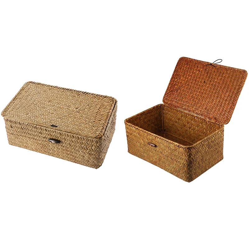 New Rattan Storage Basket,Straw Seaweed Basket, Hand-Woven Storage Basket Multipurpose Container With Lid