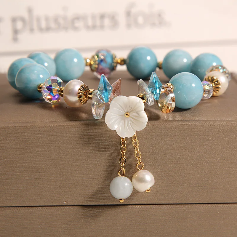 Women's Aquamarine Crystal Bracelet Shell Flower Tassel Beaded Bracelet Bestie Wristband Gifts