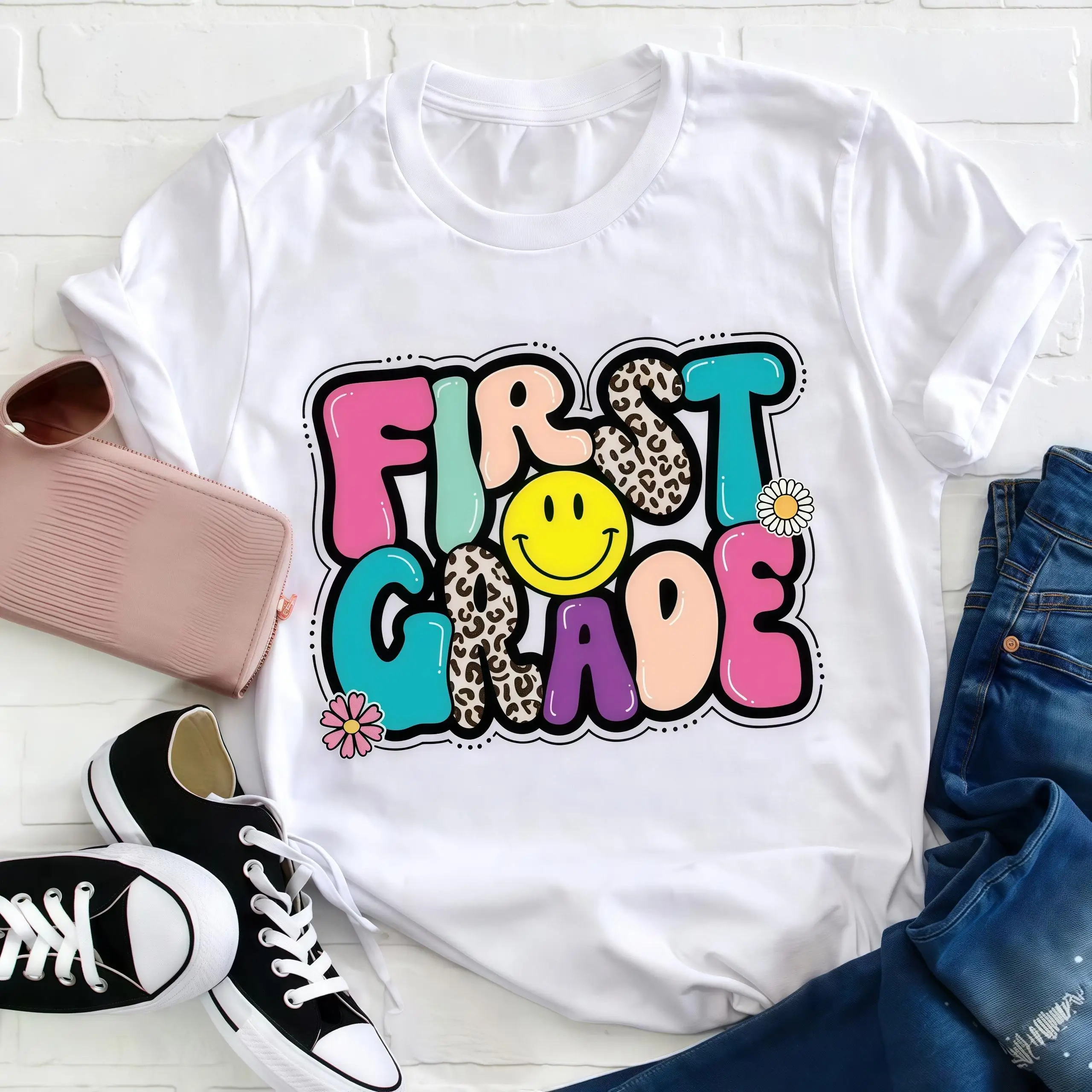 

Women's First Grade T-Shirt Cute School Supplies Graphic Tee Back To School Gift Elementary Teacher Student Top