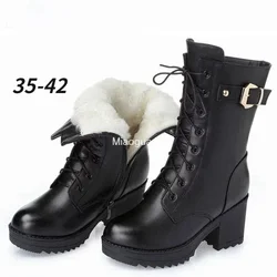 Winter Leather Womens Winter Boots Thick Wool Warm High-heeled Elegant Boot High-quality Female Snow Boots Woman Shoes Autumn PU