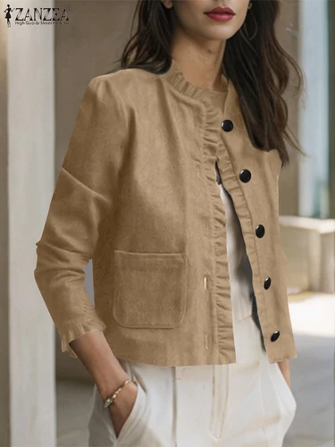 ZANZEA elegante blusa con volantes camisas de manga larga para mujer 2025 moda Casual elegante prendas de vestir exteriores con botones cárdigan abrigos femeninos