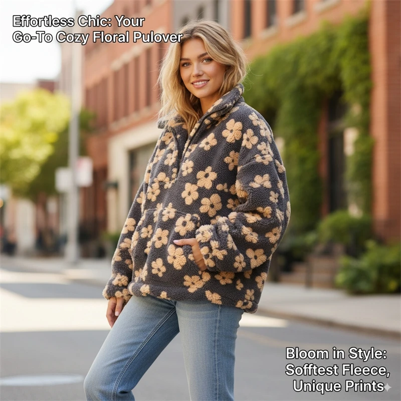 Floral Faux Shearling Pullover: Soft Fleece Half Zip Sweatshirt for Women – Casual Loose Fit with Unique Prints