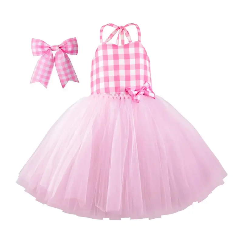 

Barbie Cosplay Costume For Baby Girl Dress Cloth Halloween Kid Sling Plaid Lace Party Tunic+Bow Headband 2PC Set Child Frock