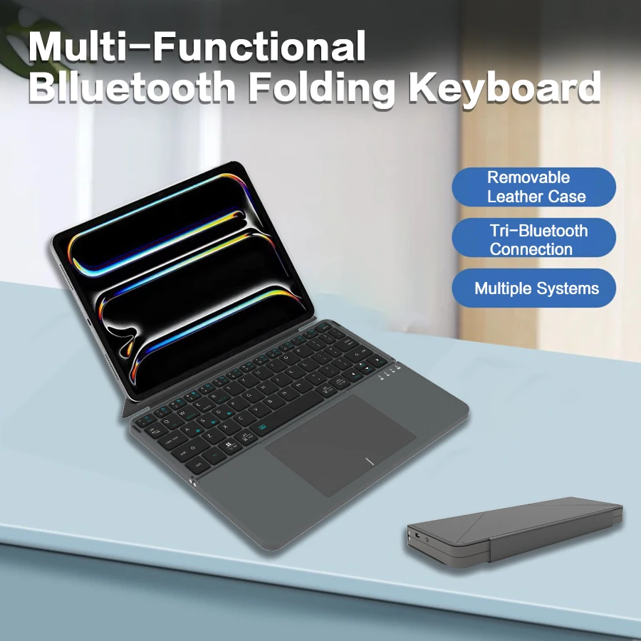 Rechargeable Tri-Bluetooth Wireless Travel Keyboard with Large Touchpad&Foldable Leather Stand For PC/Laptop/Tabelt-Grey/Silver