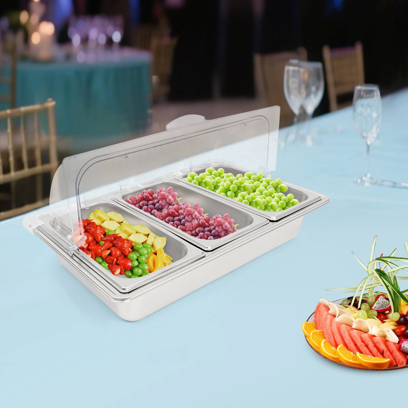 Buffet d'hôtel/Station de Buffet froid de mariage récipient d'affichage alimentaire en acier inoxydable à 3 compartiments récipient de fraîcheur de salade de fruits de mer