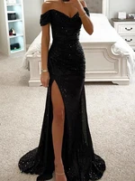 Sequin Long Dresses Women Sexy Off Shoulder Evening Dress Ladies Elegant Fashion Slash Neck Prom Female High Split Gown Vestidos 4