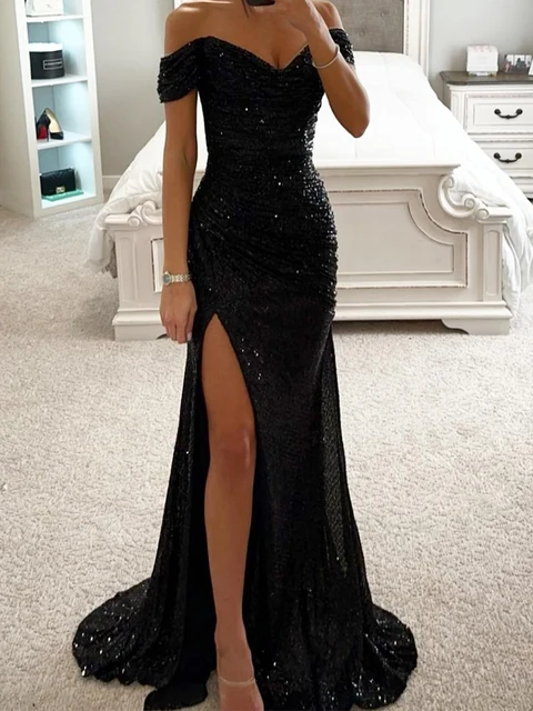 Sequin Long Dresses Women Sexy Off Shoulder Evening Dress Ladies Elegant Fashion Slash Neck Prom Female High Split Gown Vestidos 4 Sequin Long Dresses Women Sexy Off Shoulder Evening Dress Ladies Elegant Fashion Slash – view 4
