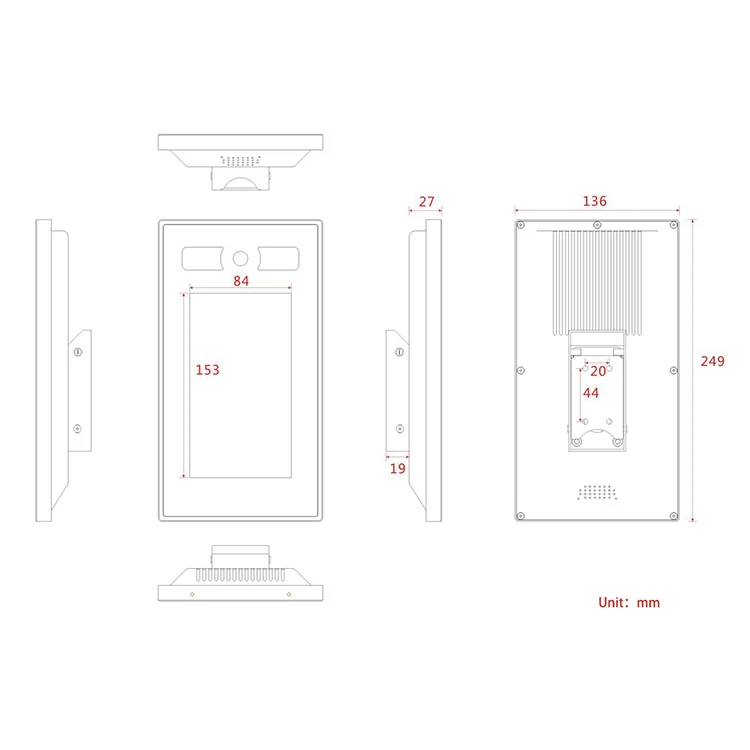 Dispositivo biométrico de reconocimiento facial y medición de temperatura, Terminal de Control de acceso de 7 pulgadas con cámara