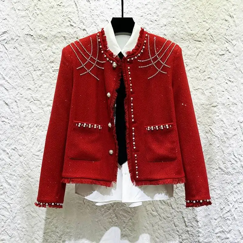 Fashionable Men Jacket New Design Beaded Decoration Long Sleeve Single-breasted Round Neck Personality Short Coats DFR56