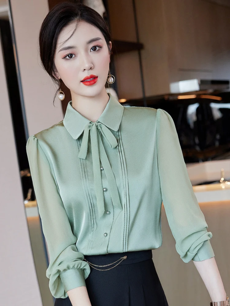 

Зеленая женская рубашка с бантом, осенняя новинка, люксовая модель малого размера, для собеседований, в корейском стиле, приталенная, с длинным рукавом