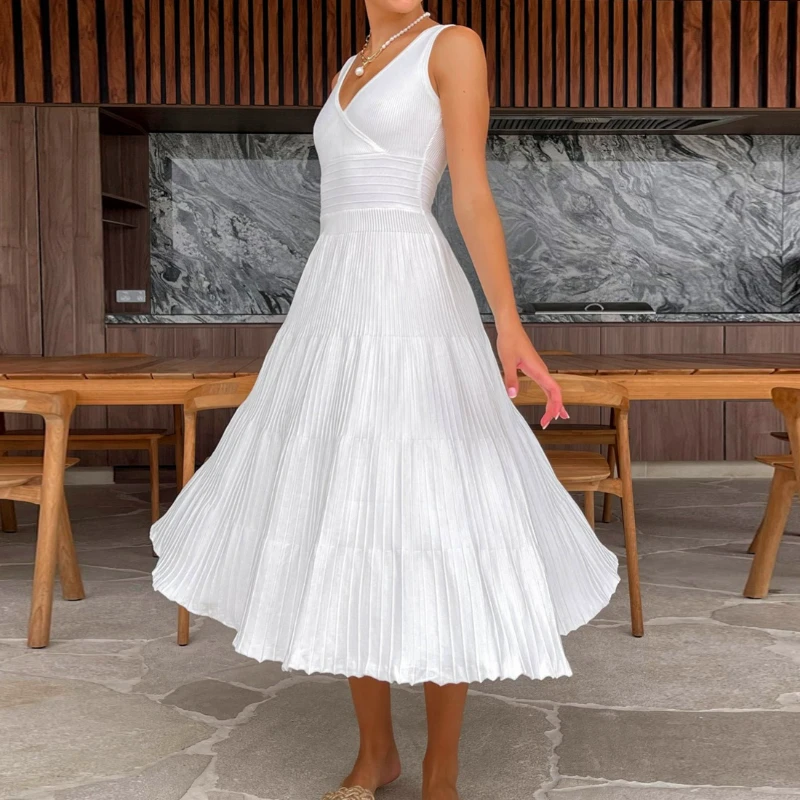 DINADD Stricken Gefaltetes Langes Kleid Für Frauen V-ausschnitt Ärmelloses Hohe Taille Kleid Weibliche Solide Büro Dame Mode A-Line Kleid