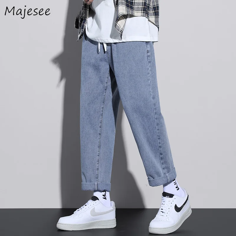 Wide Leg Denim Jeans for Men Simple Casual All-match Loose Trousers Autumn and Winter Plus Velvet Drawstring Comfortable Fashion