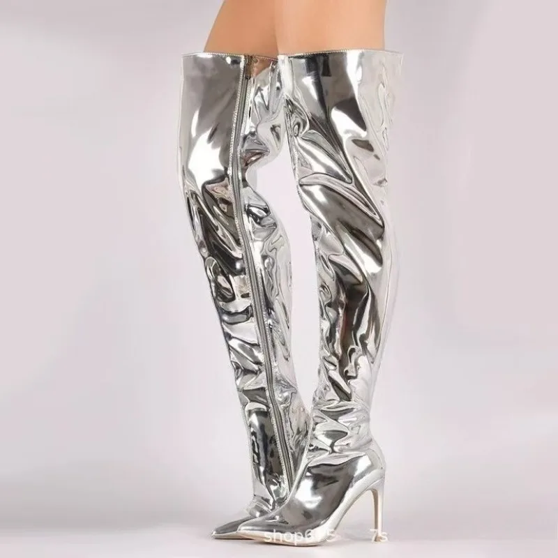 

Thin High Heels Over The Knee Long Boots for Women Women Sexy Silver Mirror Thigh High Boots T Show Pointy Toe Club Party Shoes