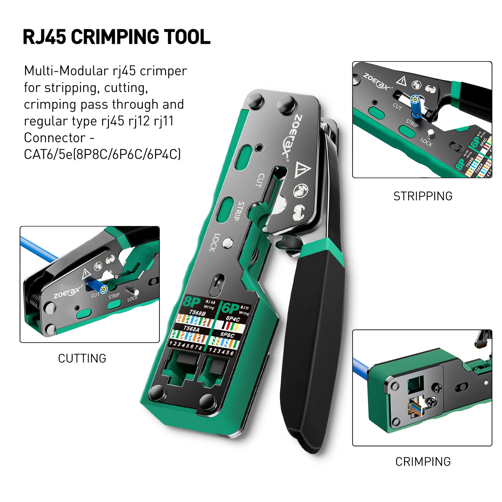 ZoeRax 8 in 1 RJ45 Crimp Tool Kit,Crimper tool,Cable Tester,Wire Cutter,Blades,50Pcs Cat 6 Connectors and Strain Relief Boots