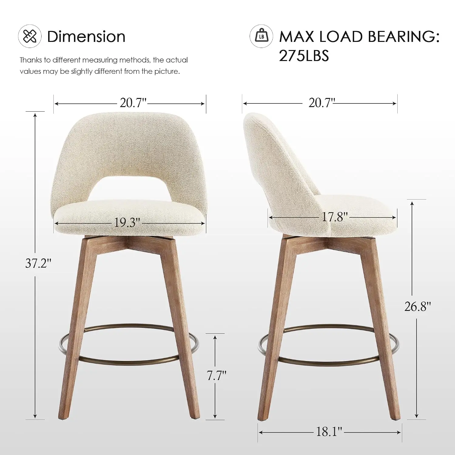 Set of 2 Swivel Bar Stools, 26 Inch Counter Height Chairs with Backs, Beige Linen Upholstered Seats, Distressed Solid Wood Legs