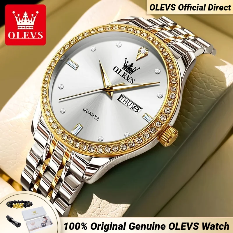 OLevs 3625นาฬิกาผู้ชาย, นาฬิกาควอทซ์สแตนเลสกันน้ำปฏิทินคู่แบรนด์หรูนาฬิกาข้อมือสำหรับผู้ชายของแท้