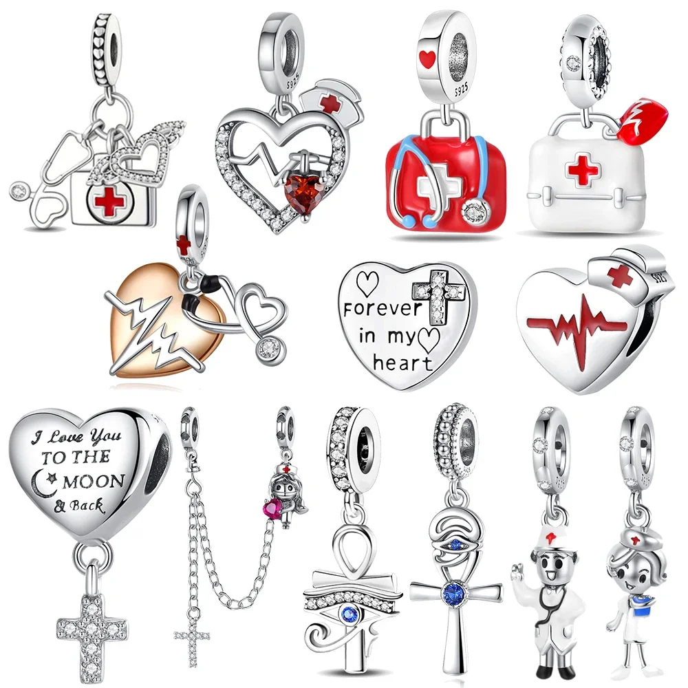 Original 925 Sterling Silver Nurse Hat Electrocardiogram Heart&Doctor Charm Fit Pandora Bracelet Female Doctor Banquet Jewelry