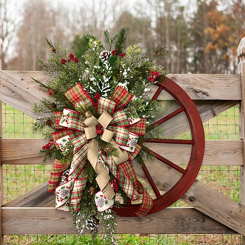 Farmhouse Wagon Wheel Wreath Christmas Winter Door Hanging Home Outdoor Decoration New Year Gift Christmas Decoration