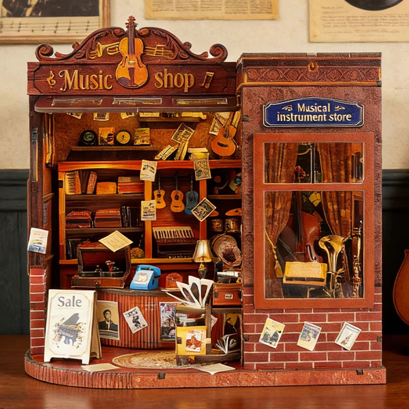 DIY Wooden Musical Instrument Store Figurines Miniatures Bookend Assembled Houses for Friends Birthday Gifts Home Decoration