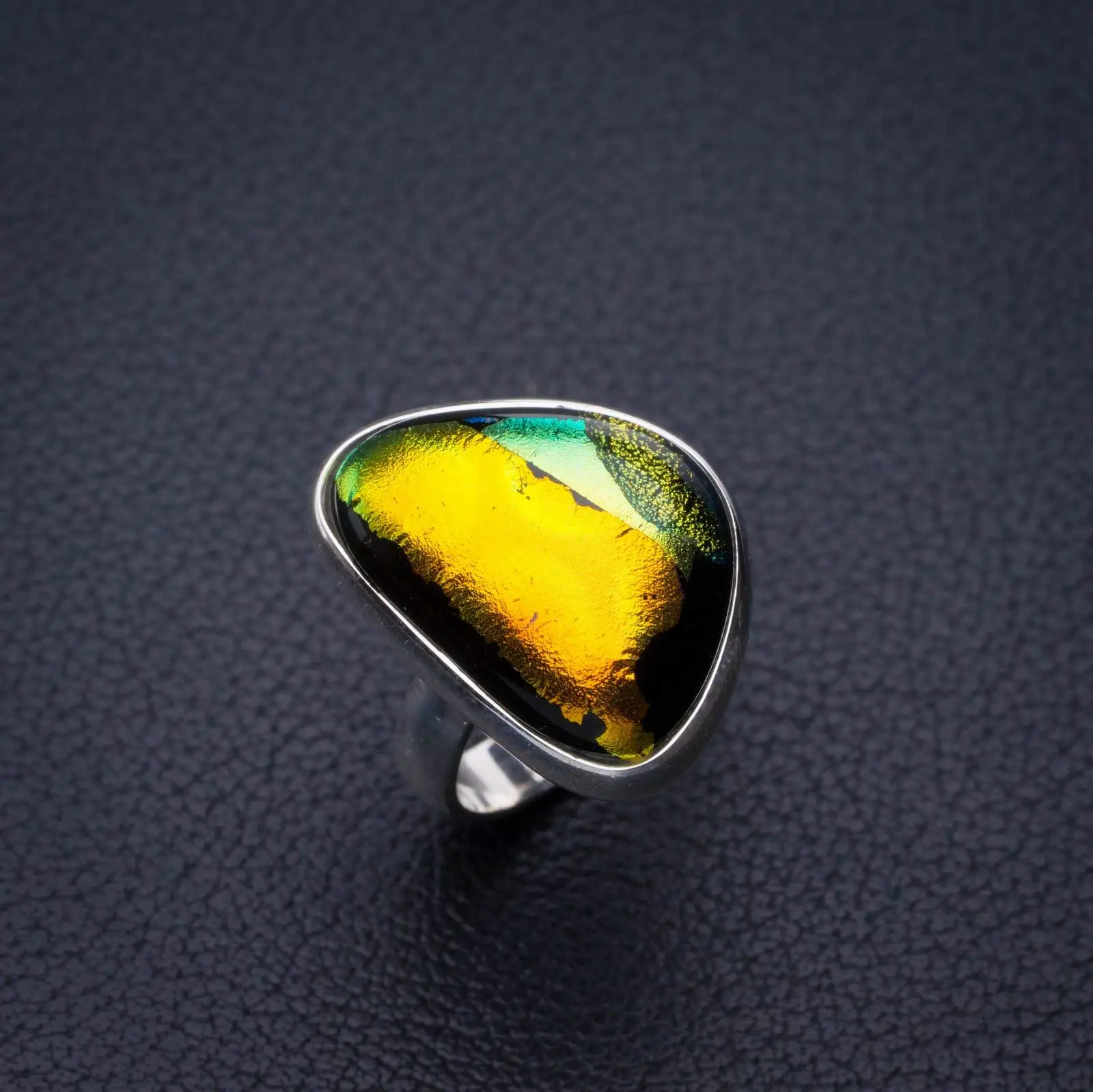 StarGems® Natural Rainbow Dichroic Glass Handmade 925 Sterling Silver Ring 5 E2404