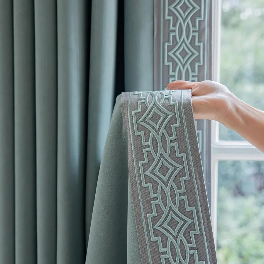 

Blackout Curtain Panels with Embroidered Design Tape Trim Drapes Pinch Pleat for Sliding Patio Doors and Bedroom Windows Ideal