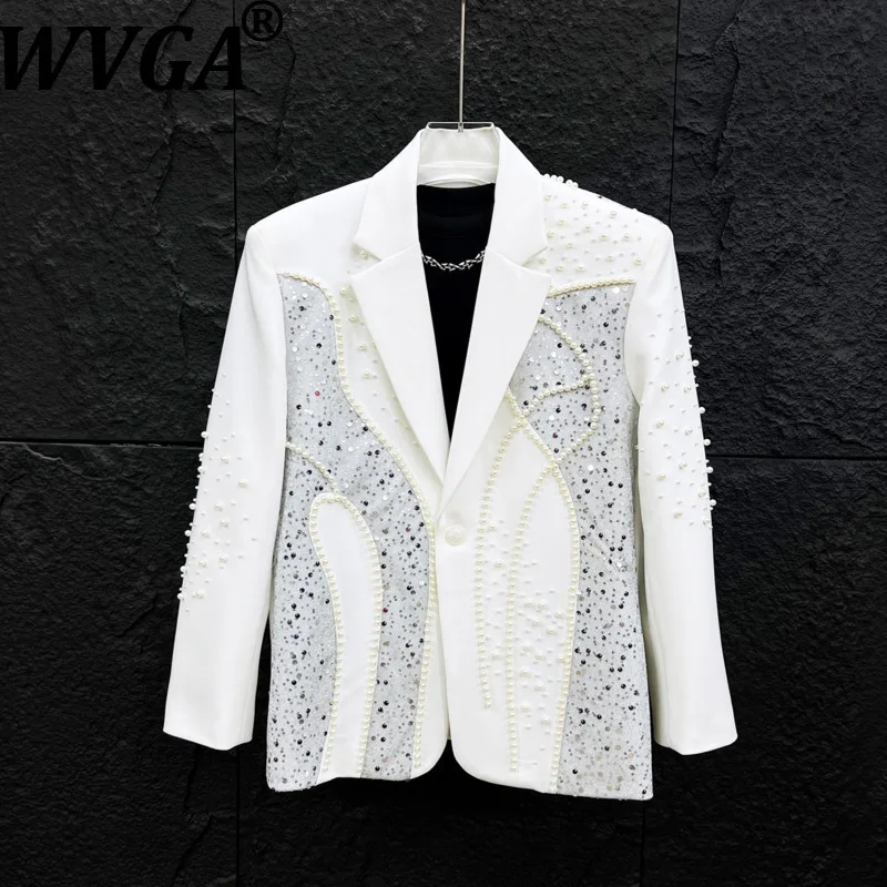 WVGA Spring Autumn New Man Sequin Pearl Patchwork Trendy Blazers Niche Stylish Korean Version Shiny High-end Suit Jackets W22024
