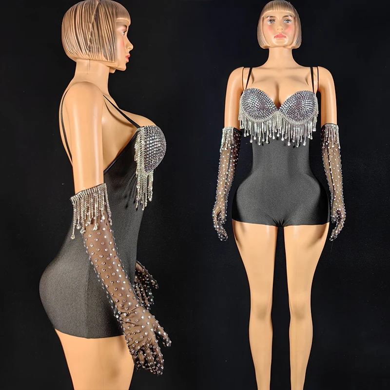 Sexy Women Black Sleeveless Bodysuit Silver Tassel Gogo Dance Costumes Singer Performance Outfit Nightclub Party Rave Wear 4244