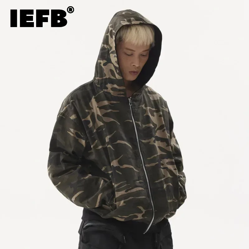 IEFB American style double-sided sweatshirt camouflage zipper hooded jacket men's wear short cardigan autumn new trendy 9C8582