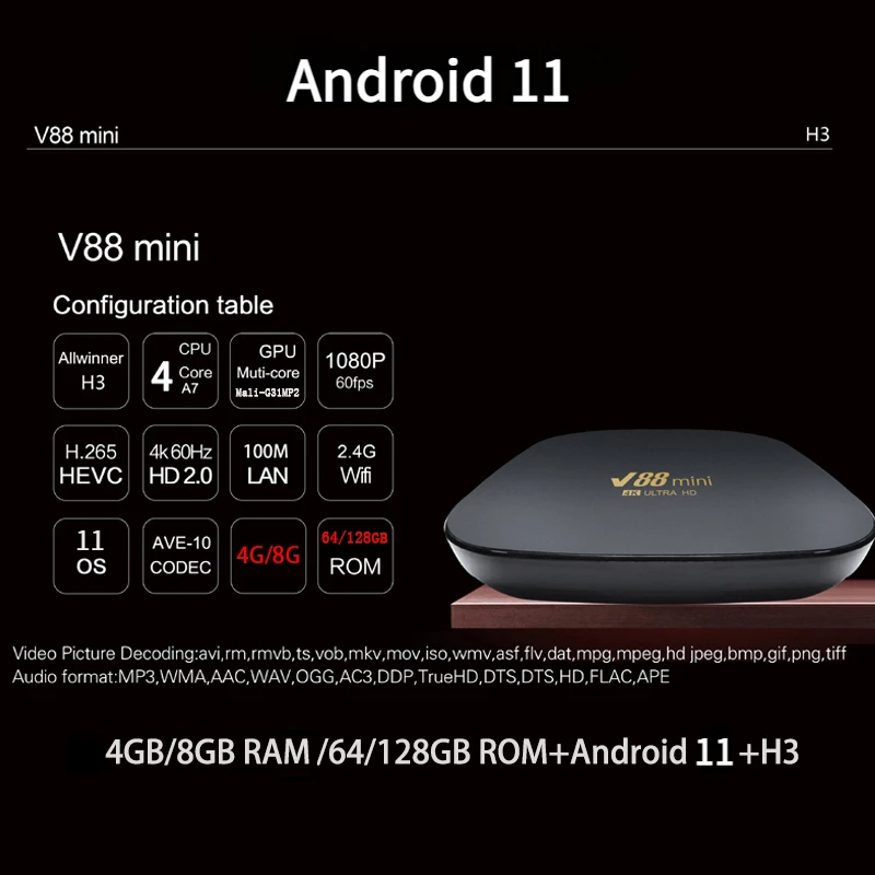 V88 Mini Smart TV Box Android 11 Allwinner H3 Quad Core WiFi 4G 4K HD H.265 3D Theater Media Player 8GB+128GB Iptv TV box