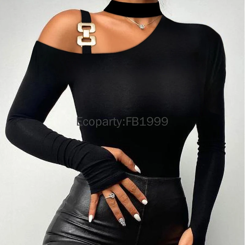 9 Types Women Fashion Slim Fit Off-shoulder Long-sleeved T-shirts Black Sexy Mock Neck Bodycon Tees Shirts Spring Autumn Tops