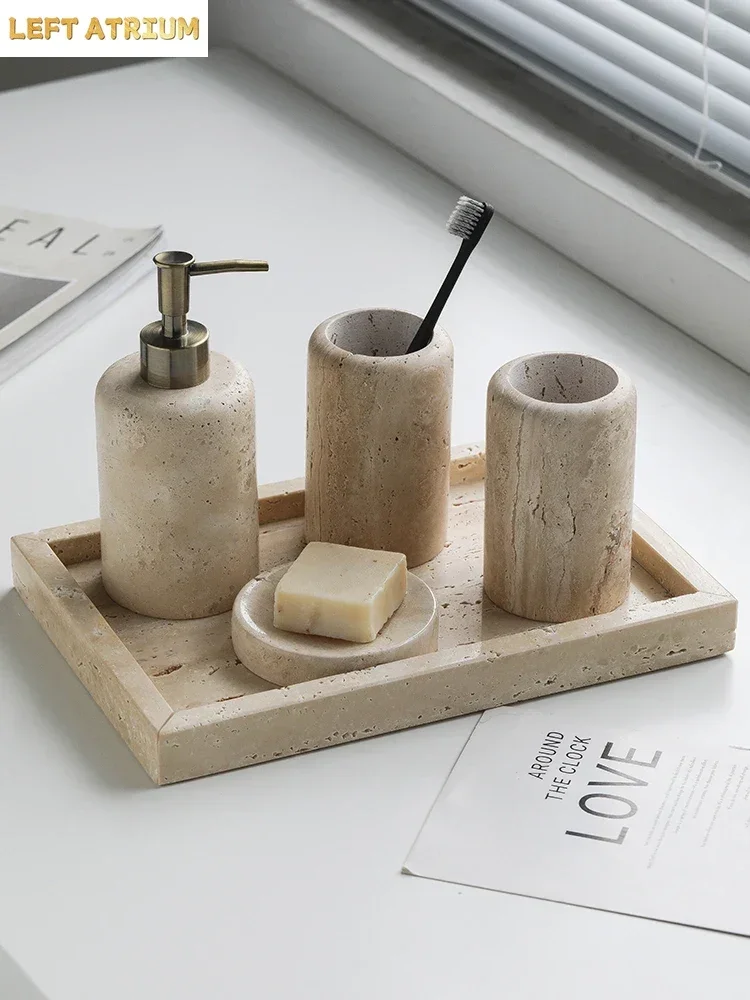 Ahunderjiaz-Wabi Sabi Style Portable Soap Dispensers, Bathroom Set, Wash, Mouthwash, Toothbrush Cup, Soap Dish Set, 4 Pcs