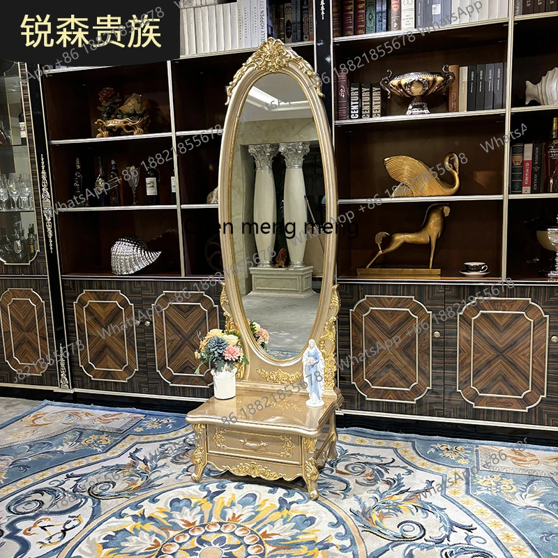 French solid wood full-length mirror European luxury carved bedroom with drawers full-body floor makeup mirror