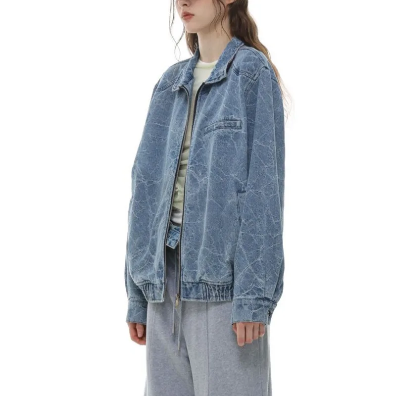 ANJY خريف شتاء جديد إمرأة الاتجاه الأمريكي غسلها الكراك عادية الدنيم سترة Ins مزاجه فريد بدوره إلى أسفل طوق معطف A15079 #4