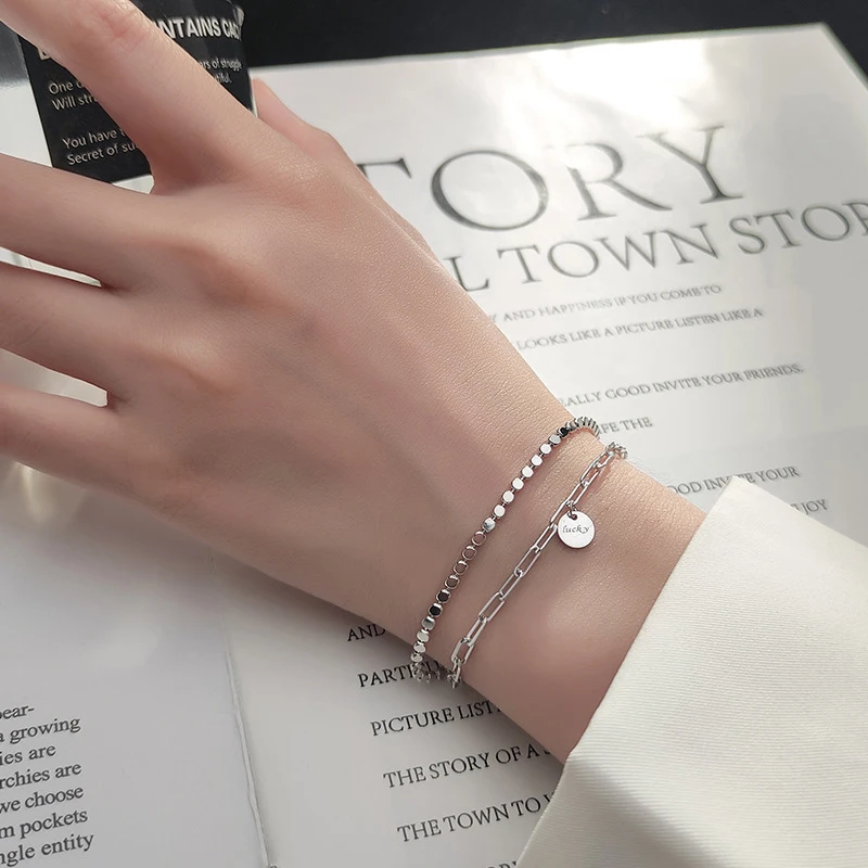 Modian Fashion 925 Sterling Silver Geometry Bracelet Double Layer Chain Link for Women Girl Original Bracelets Luxury Jewelry