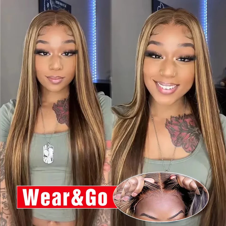 

Highlight Glueless Wig Human Hair Ready To Wear Preplucked Straight Ombre Colored 13x6 HD Lace Frontal Human Hair Wigs For Women