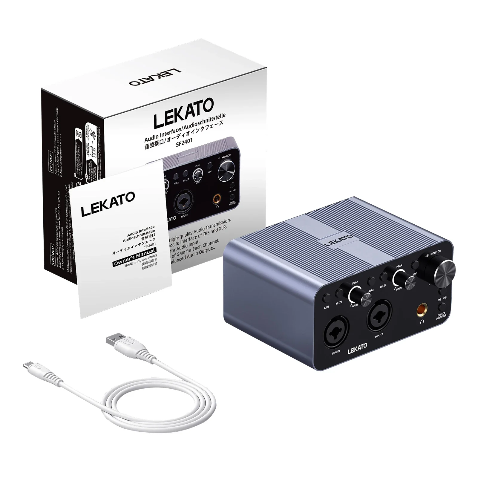 Lekato 2I2 Usb Audio Interface with Xlr/48V Phantom Power for Smartphone Computer Recording Guitar Hi-Fi Studio Audio Interface